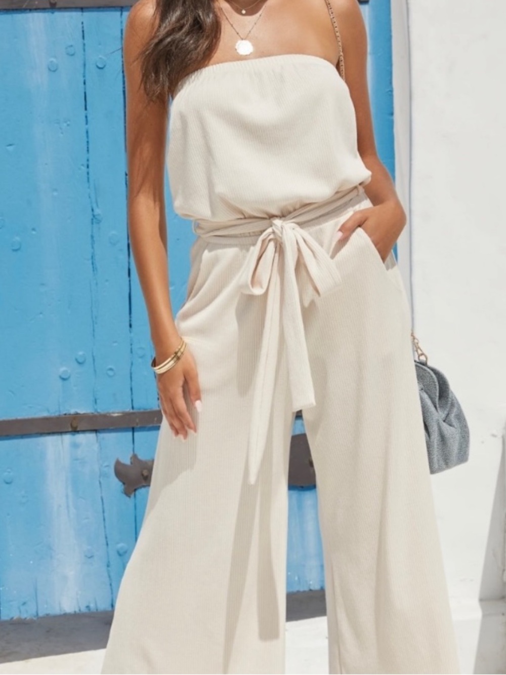 Strapless Cream Ribed Wide-Leg Jumpsuit - Picture 5 of 14